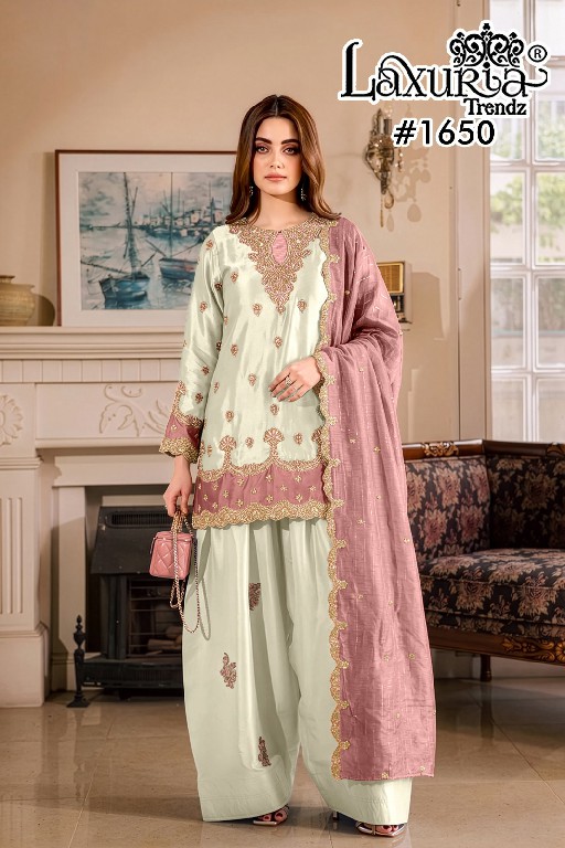 LAXURIA TRENDZ D.NO 1650 WHOLESALE READYMADE SATIN CLASSIC DESIGNER 3 PCS SUITS SUPPLIER