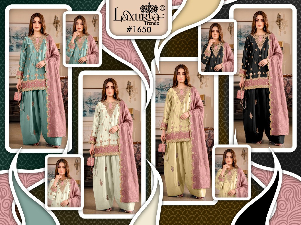 LAXURIA TRENDZ D.NO 1650 WHOLESALE READYMADE SATIN CLASSIC DESIGNER 3 PCS SUITS SUPPLIER