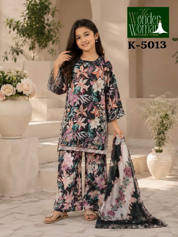 WONDER WOMAN D.NO K-5013 WHOLESALE READYMADE IMPORTED DIGITAL PRINTED SATIN 3 PCS COMBO SET SUITS FOR KIDS ONLINE
