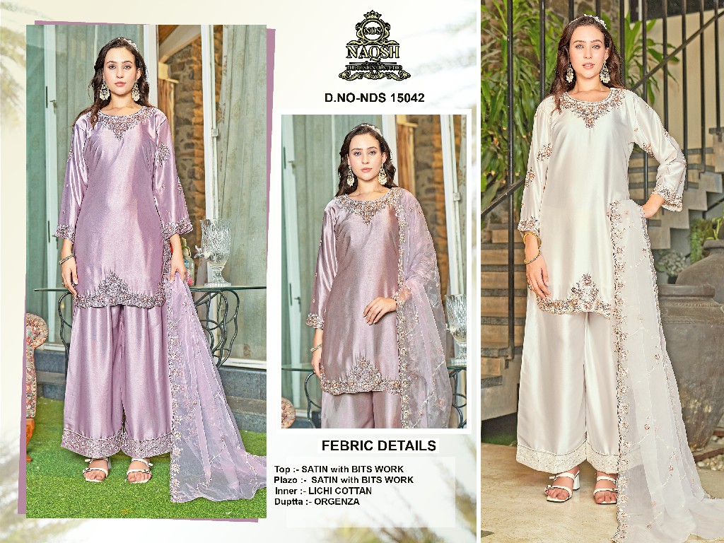 NAQSH D.NO NDS-15042 WHOLESALE READYMADE SATIN DESIGNER STYLISH 3 PCS SUITS EXPORTER