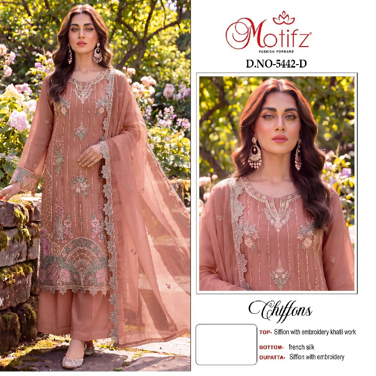 MOTIFZ D.NO 5442 WHOLESALE CHIFFON WITH WORK ATTRACTIVE LOOK UNSTITCH SALWAR SUITS FOR EXPORT