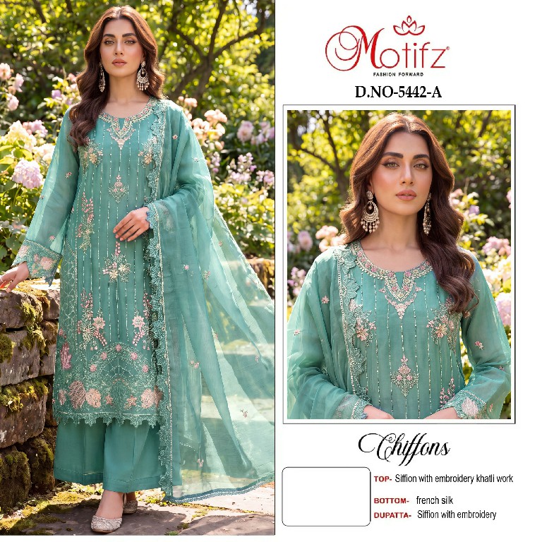 MOTIFZ D.NO 5442 WHOLESALE CHIFFON WITH WORK ATTRACTIVE LOOK UNSTITCH SALWAR SUITS FOR EXPORT