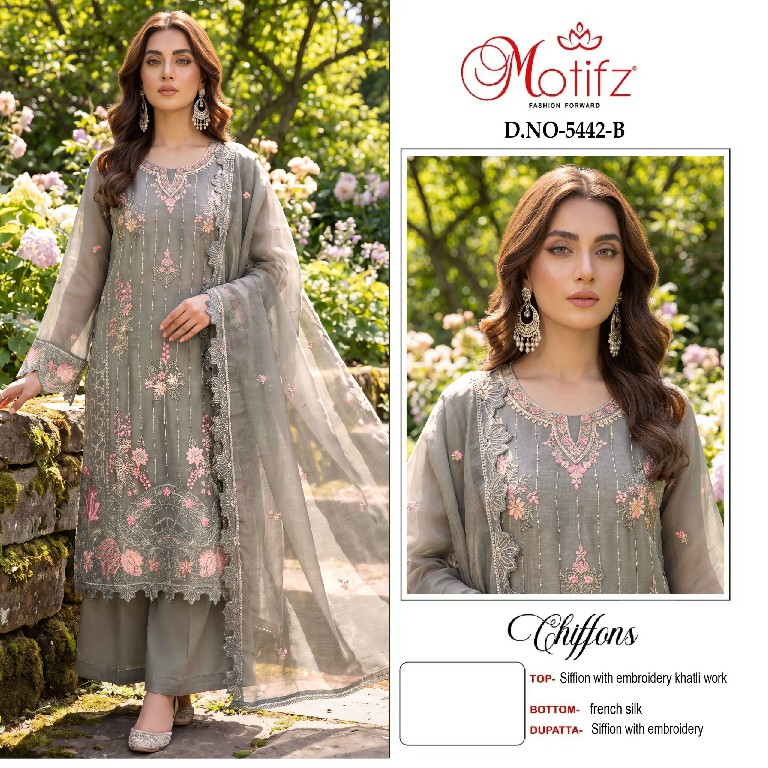 MOTIFZ D.NO 5442 WHOLESALE CHIFFON WITH WORK ATTRACTIVE LOOK UNSTITCH SALWAR SUITS FOR EXPORT