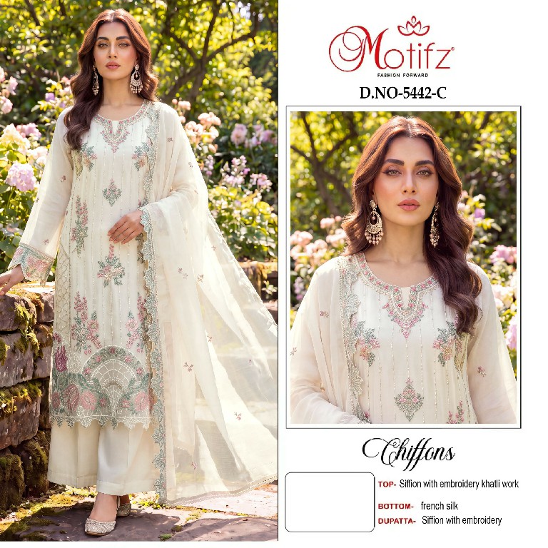 MOTIFZ D.NO 5442 WHOLESALE CHIFFON WITH WORK ATTRACTIVE LOOK UNSTITCH SALWAR SUITS FOR EXPORT