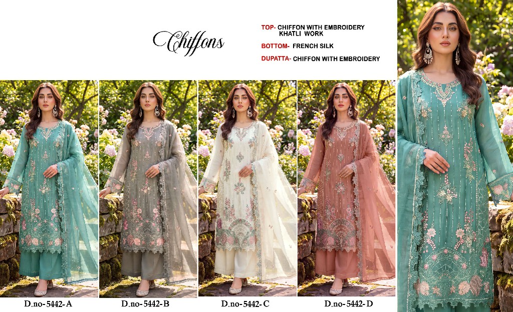 MOTIFZ D.NO 5442 WHOLESALE CHIFFON WITH WORK ATTRACTIVE LOOK UNSTITCH SALWAR SUITS FOR EXPORT