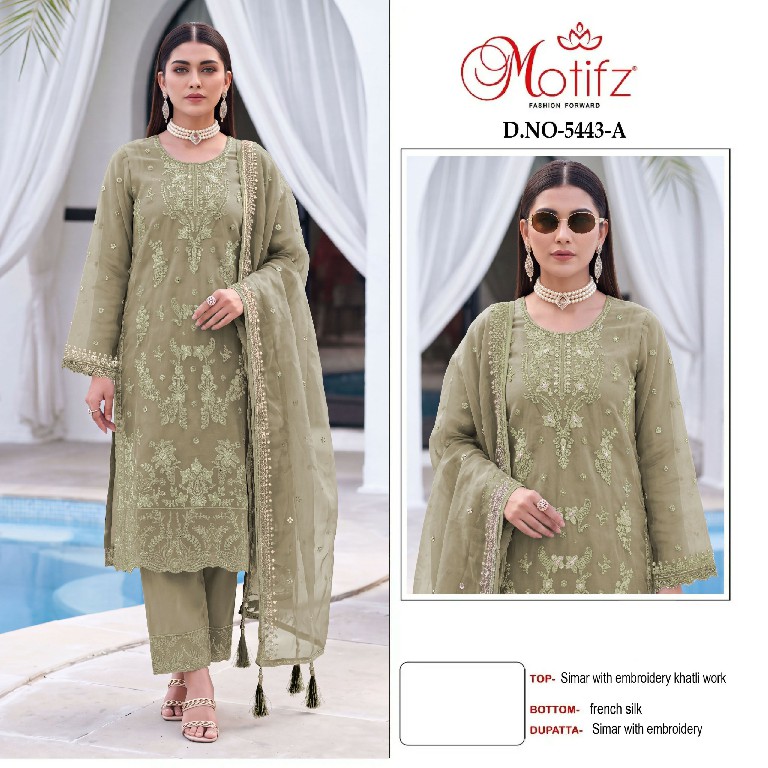 MOTIFZ D.NO 5443 WHOLESALE CHIFFON WITH WORK PRETTY LOOK UNSTITCH SALWAR SUITS SUPPLIER