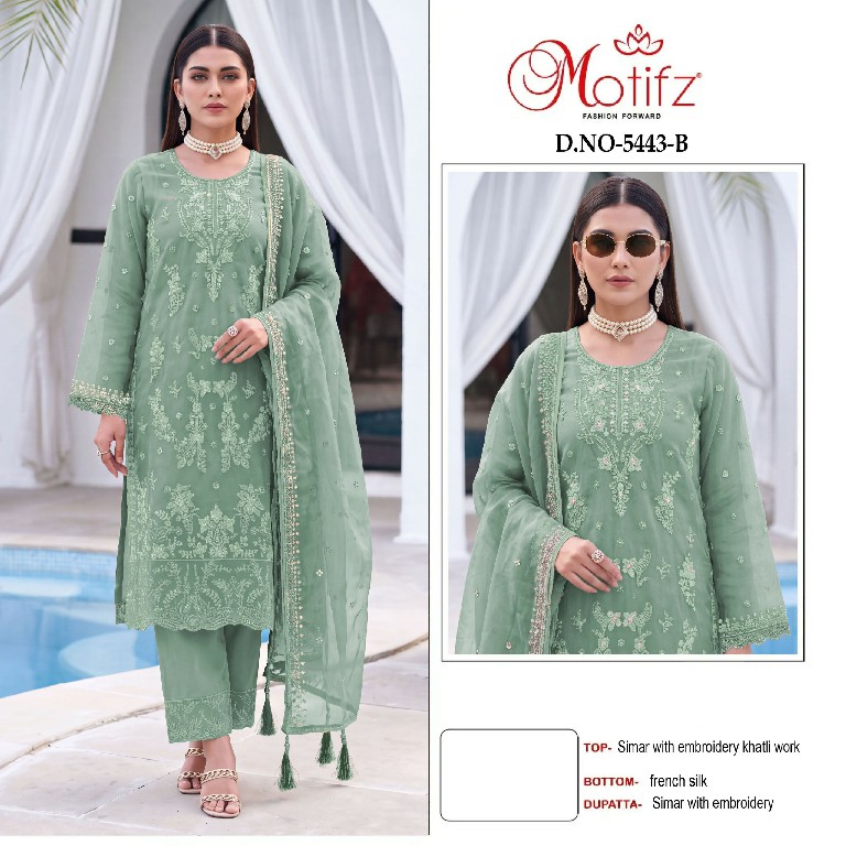 MOTIFZ D.NO 5443 WHOLESALE CHIFFON WITH WORK PRETTY LOOK UNSTITCH SALWAR SUITS SUPPLIER