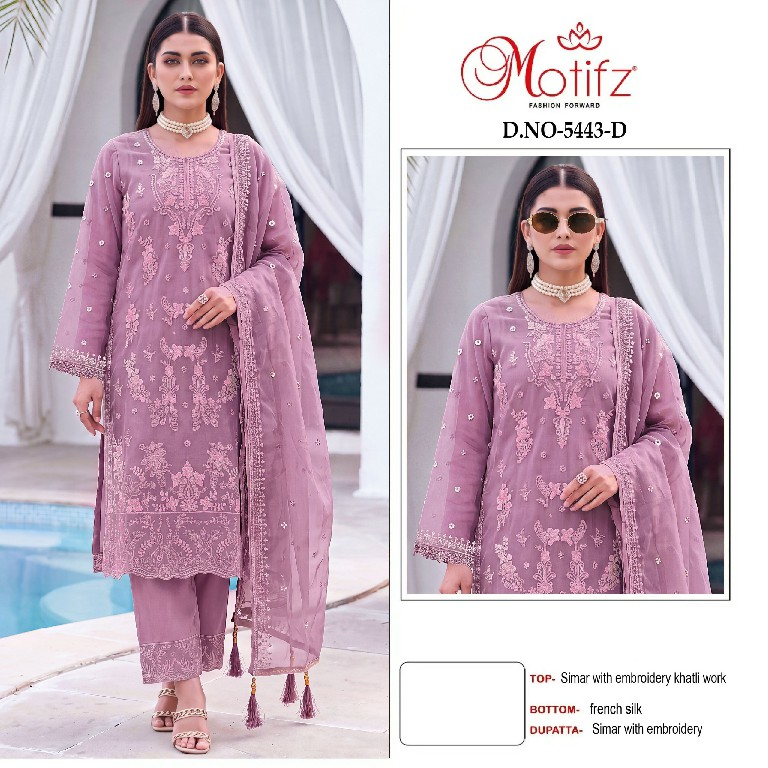 MOTIFZ D.NO 5443 WHOLESALE CHIFFON WITH WORK PRETTY LOOK UNSTITCH SALWAR SUITS SUPPLIER