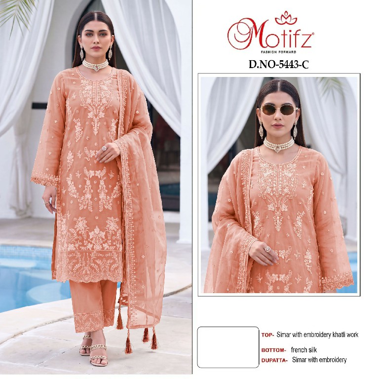 MOTIFZ D.NO 5443 WHOLESALE CHIFFON WITH WORK PRETTY LOOK UNSTITCH SALWAR SUITS SUPPLIER