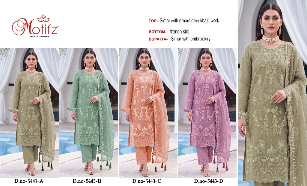 MOTIFZ D.NO 5443 WHOLESALE CHIFFON WITH WORK PRETTY LOOK UNSTITCH SALWAR SUITS SUPPLIER