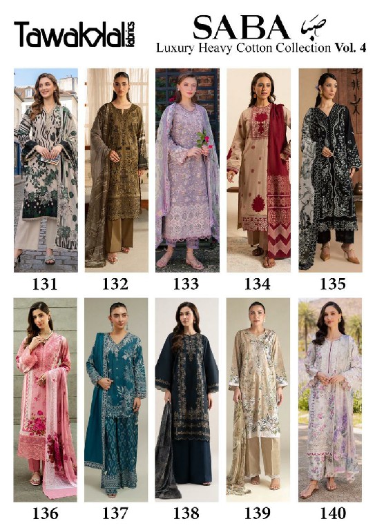 TAWAKKAL SABA VOL 4 WHOLESALE HEAVY COTTON LUXURIOUS UNSTITCH SALWAR KAMEEZ FOR EXPORT