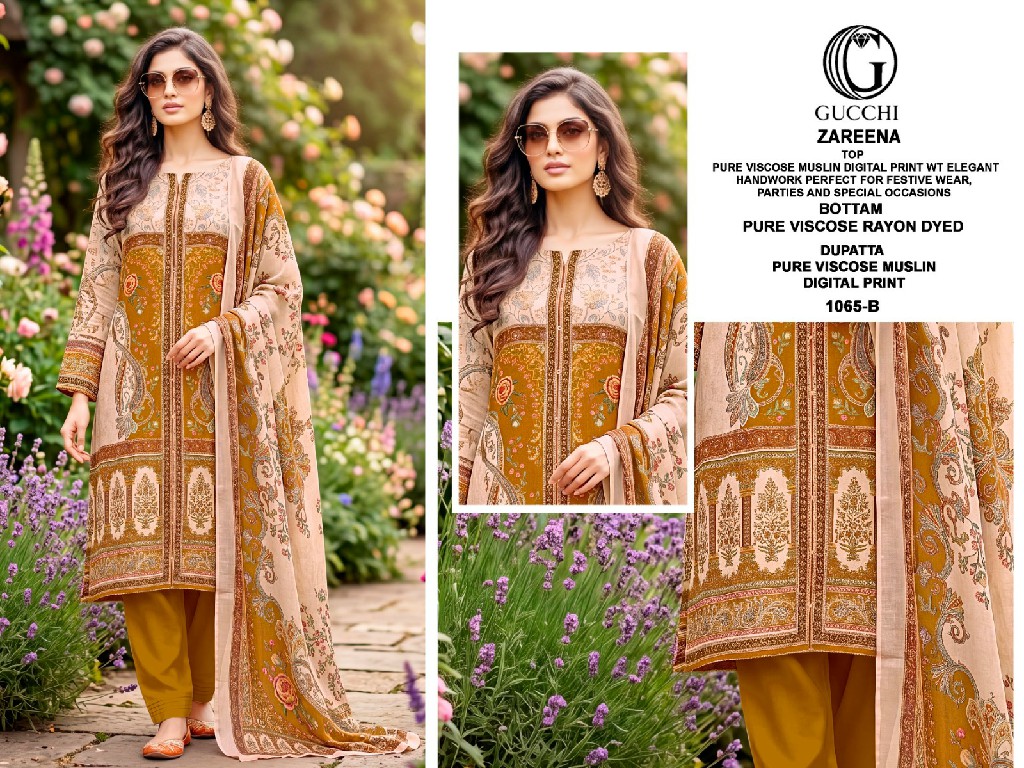 GUCCHI ZAREENA D.NO 1065 WHOLESALE PURE MUSLIN FANCY WORK UNSTITCH SALWAR SUITS EXPORTER
