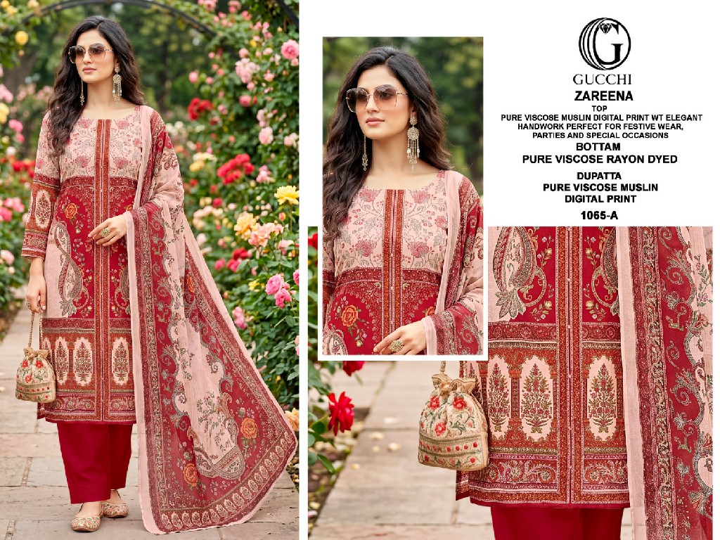 GUCCHI ZAREENA D.NO 1065 WHOLESALE PURE MUSLIN FANCY WORK UNSTITCH SALWAR SUITS EXPORTER