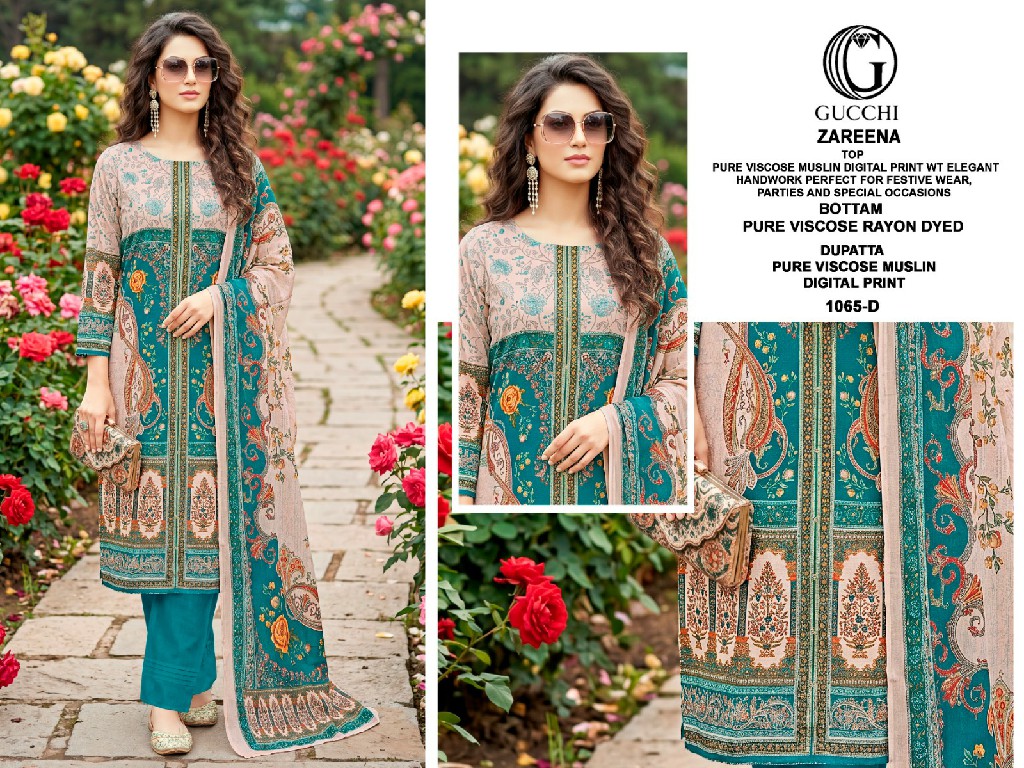 GUCCHI ZAREENA D.NO 1065 WHOLESALE PURE MUSLIN FANCY WORK UNSTITCH SALWAR SUITS EXPORTER