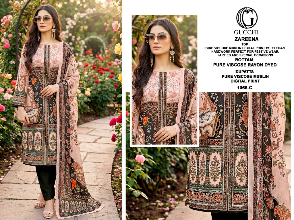 GUCCHI ZAREENA D.NO 1065 WHOLESALE PURE MUSLIN FANCY WORK UNSTITCH SALWAR SUITS EXPORTER