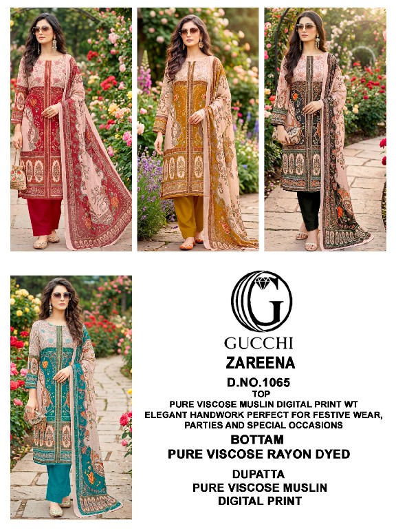 GUCCHI ZAREENA D.NO 1065 WHOLESALE PURE MUSLIN FANCY WORK UNSTITCH SALWAR SUITS EXPORTER
