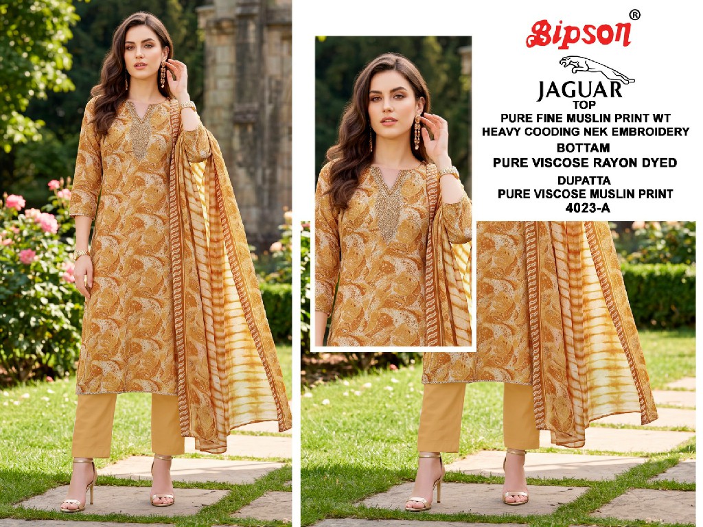 BIPSON JAGUAR D.NO 4023 WHOLESALE PURE MUSLIN STUNNING LOOK UNSTITCH SALWAR SUITS ONLINE