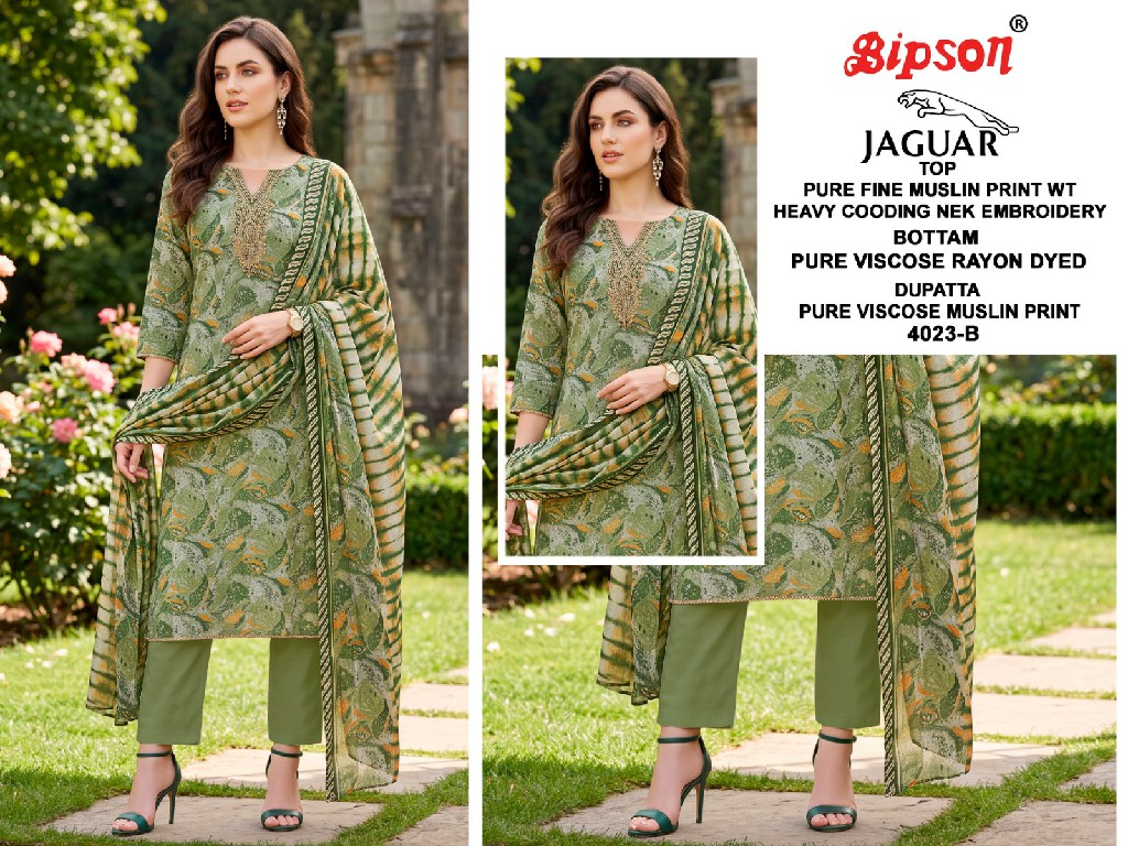 BIPSON JAGUAR D.NO 4023 WHOLESALE PURE MUSLIN STUNNING LOOK UNSTITCH SALWAR SUITS ONLINE