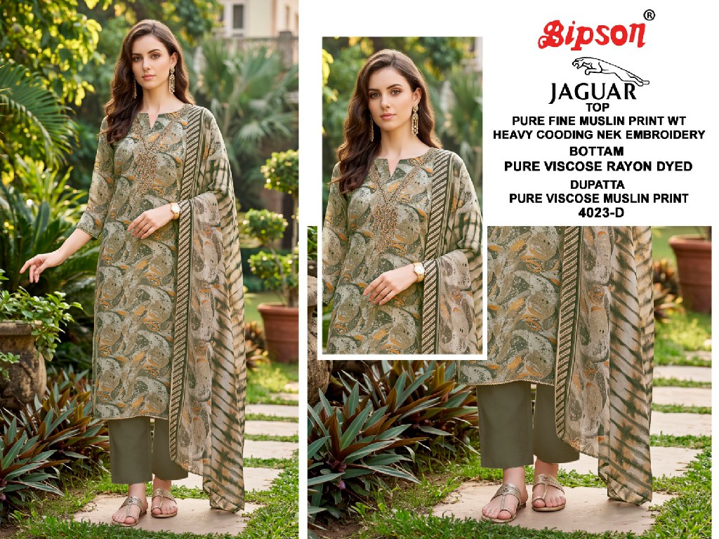 BIPSON JAGUAR D.NO 4023 WHOLESALE PURE MUSLIN STUNNING LOOK UNSTITCH SALWAR SUITS ONLINE