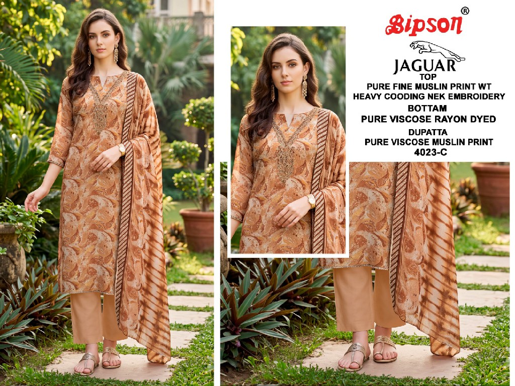 BIPSON JAGUAR D.NO 4023 WHOLESALE PURE MUSLIN STUNNING LOOK UNSTITCH SALWAR SUITS ONLINE