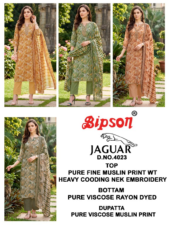 BIPSON JAGUAR D.NO 4023 WHOLESALE PURE MUSLIN STUNNING LOOK UNSTITCH SALWAR SUITS ONLINE