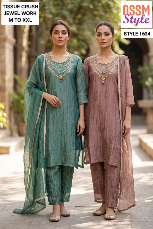 OSSM STYLE D.NO 1634-1704 WHOLESALE READYMADE TISSUE CRUSH FESTIVE WEAR 3 PCS COMBO SET SUITS EXPORTER