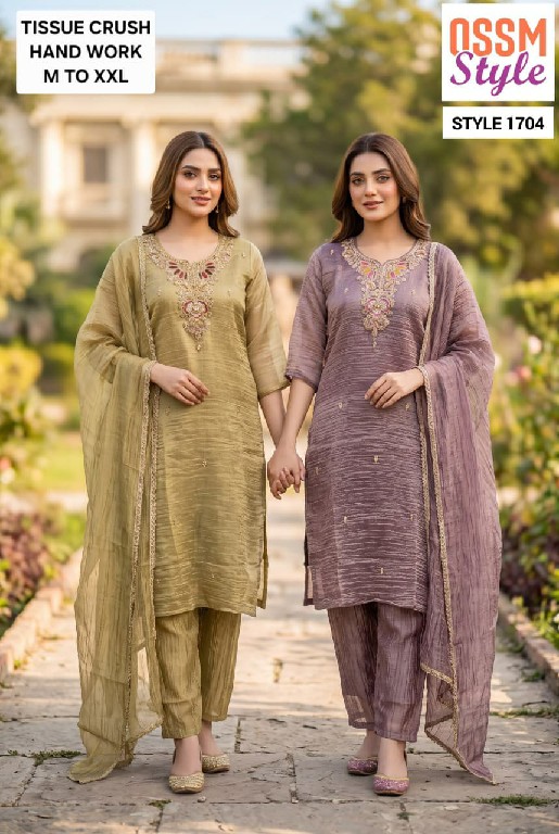OSSM STYLE D.NO 1634-1704 WHOLESALE READYMADE TISSUE CRUSH FESTIVE WEAR 3 PCS COMBO SET SUITS EXPORTER