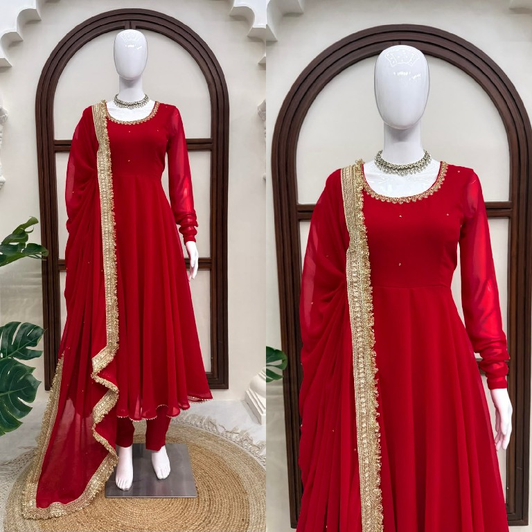 TEXTILEDEAL D.NO KD 1643 WHOLESALE READYMADE FAUX GEORGETTE PARTY WEAR ANARKALI 3 PCS SUITS EXPORTER
