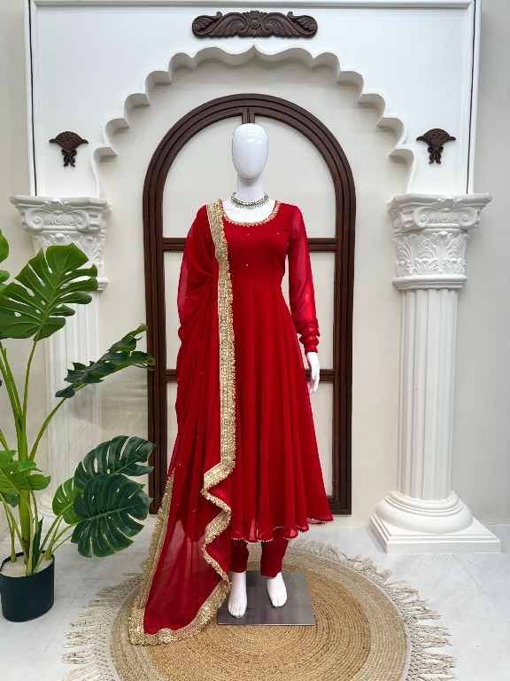 TEXTILEDEAL D.NO KD 1643 WHOLESALE READYMADE FAUX GEORGETTE PARTY WEAR ANARKALI 3 PCS SUITS EXPORTER