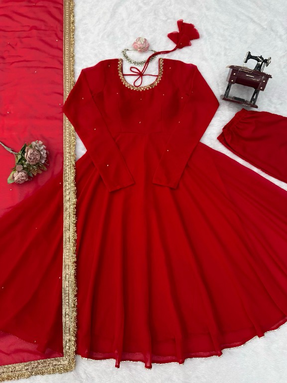 TEXTILEDEAL D.NO KD 1643 WHOLESALE READYMADE FAUX GEORGETTE PARTY WEAR ANARKALI 3 PCS SUITS EXPORTER