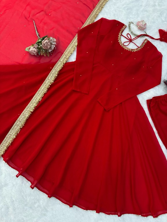 TEXTILEDEAL D.NO KD 1643 WHOLESALE READYMADE FAUX GEORGETTE PARTY WEAR ANARKALI 3 PCS SUITS EXPORTER