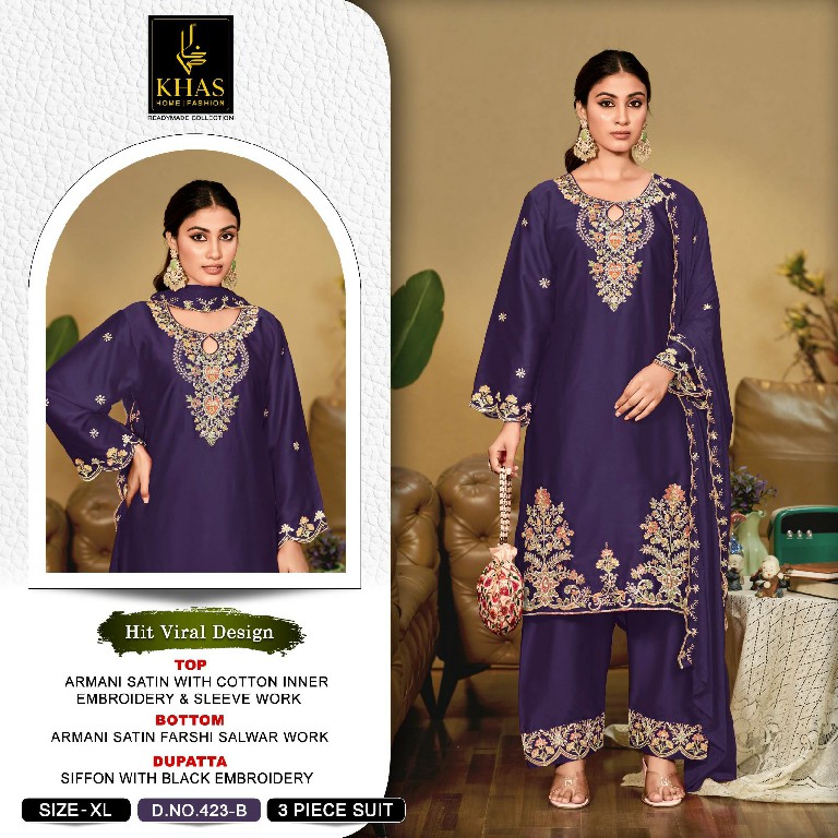 KHAS D.NO 423 WHOLESALE ARMANI SATIN PAKISTANI READYMADE 3 PCS SUITS EXPORTER