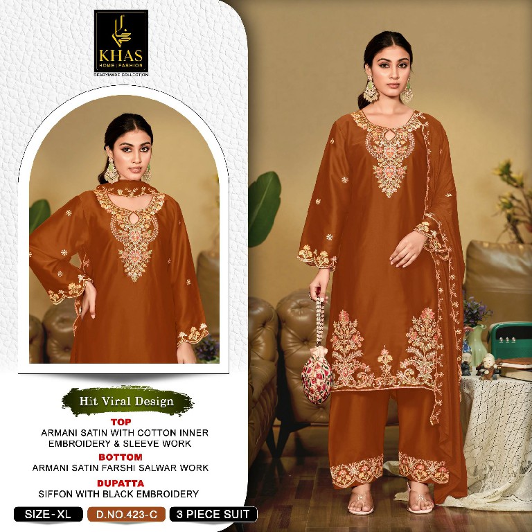 KHAS D.NO 423 WHOLESALE ARMANI SATIN PAKISTANI READYMADE 3 PCS SUITS EXPORTER