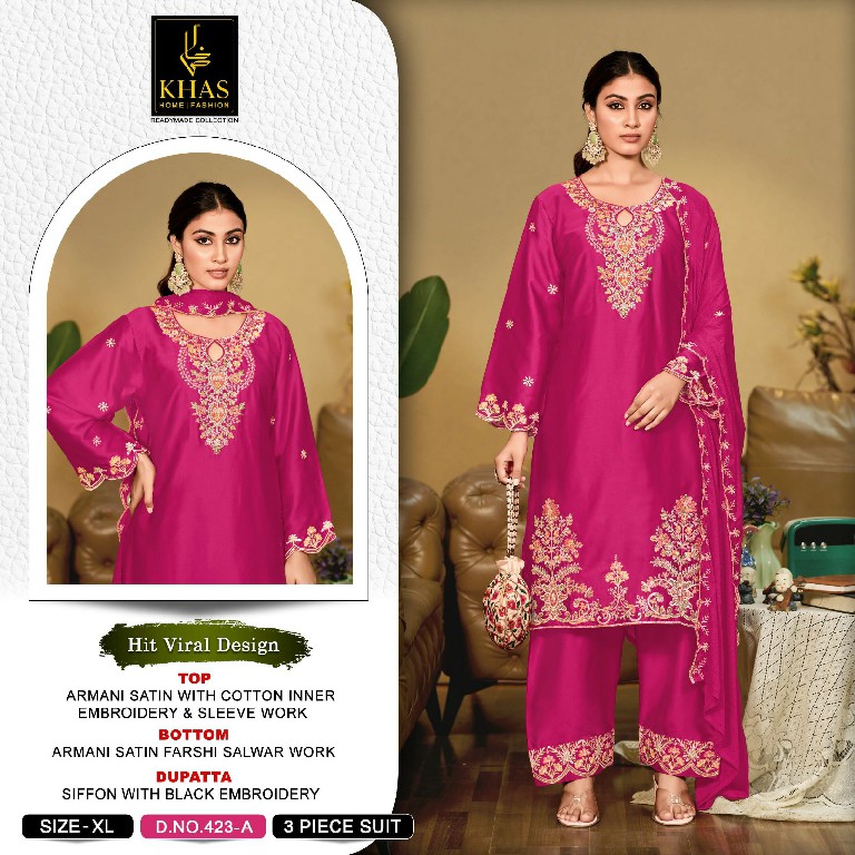 KHAS D.NO 423 WHOLESALE ARMANI SATIN PAKISTANI READYMADE 3 PCS SUITS EXPORTER