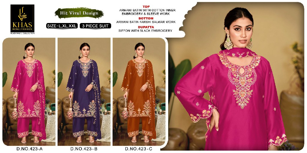KHAS D.NO 423 WHOLESALE ARMANI SATIN PAKISTANI READYMADE 3 PCS SUITS EXPORTER