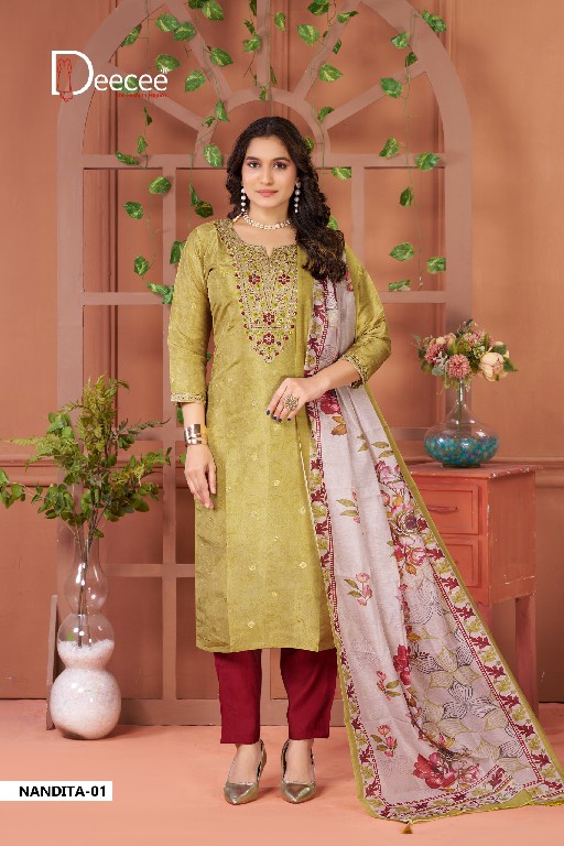DEE CEE NANDITA WHOLESALE READYMADE SIMMER JARI BUTI ELEGANT 3 PCS SUITS EXPORTER