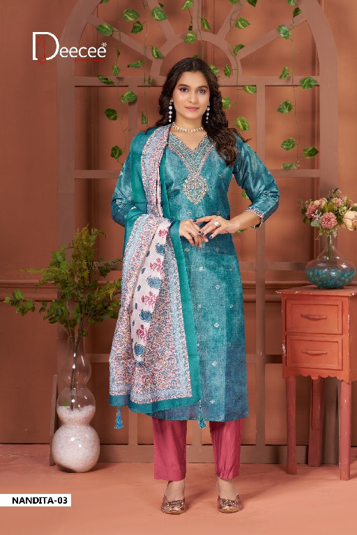DEE CEE NANDITA WHOLESALE READYMADE SIMMER JARI BUTI ELEGANT 3 PCS SUITS EXPORTER