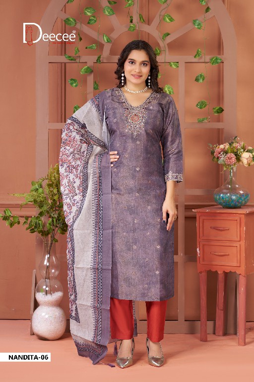DEE CEE NANDITA WHOLESALE READYMADE SIMMER JARI BUTI ELEGANT 3 PCS SUITS EXPORTER
