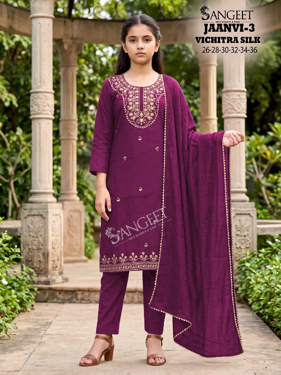 SANGEET JAANVI VOL 3 WHOLESALE READYMADE VICHITRA BLOOMING SILK ETHNIC WEAR 3 PCS SUITS FOR KIDS ONLINE