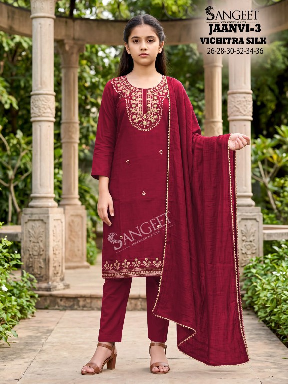 SANGEET JAANVI VOL 3 WHOLESALE READYMADE VICHITRA BLOOMING SILK ETHNIC WEAR 3 PCS SUITS FOR KIDS ONLINE