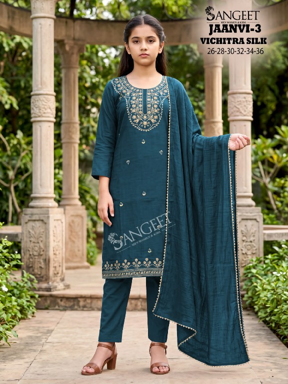 SANGEET JAANVI VOL 3 WHOLESALE READYMADE VICHITRA BLOOMING SILK ETHNIC WEAR 3 PCS SUITS FOR KIDS ONLINE
