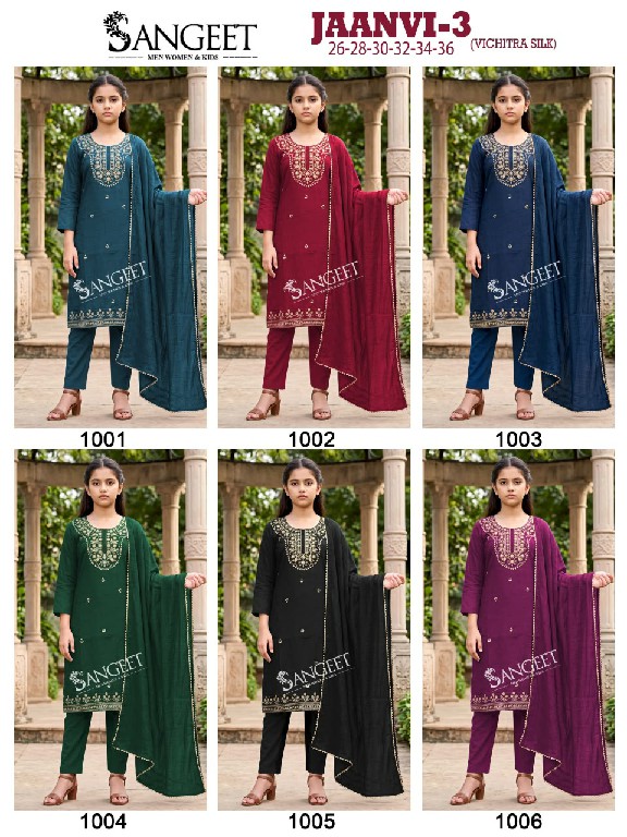 SANGEET JAANVI VOL 3 WHOLESALE READYMADE VICHITRA BLOOMING SILK ETHNIC WEAR 3 PCS SUITS FOR KIDS ONLINE