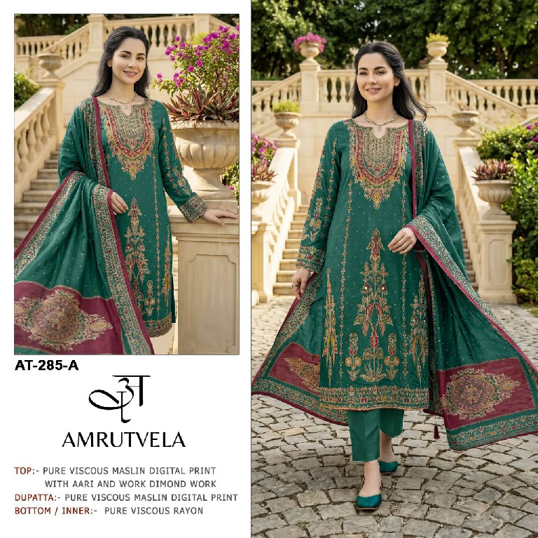 AMRUTVELA D.NO 285 WHOLESALE VISCOSE MUSLIN AMAZING HAND WORK UNSTITCH SALWAR SUITS SUPPLIER