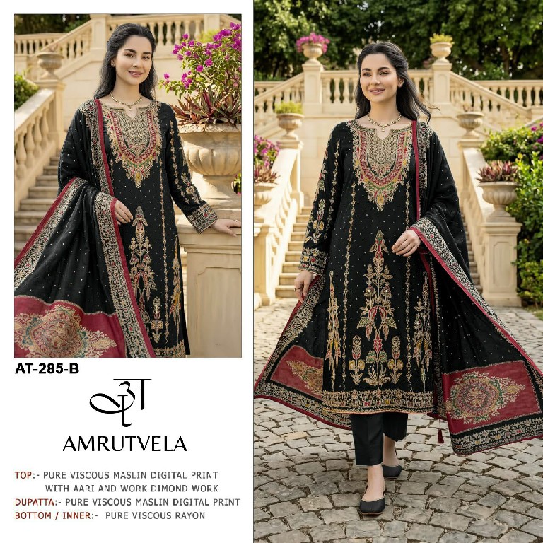AMRUTVELA D.NO 285 WHOLESALE VISCOSE MUSLIN AMAZING HAND WORK UNSTITCH SALWAR SUITS SUPPLIER
