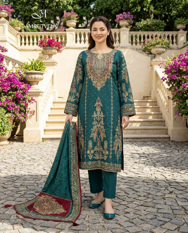 AMRUTVELA D.NO 285 WHOLESALE VISCOSE MUSLIN AMAZING HAND WORK UNSTITCH SALWAR SUITS SUPPLIER