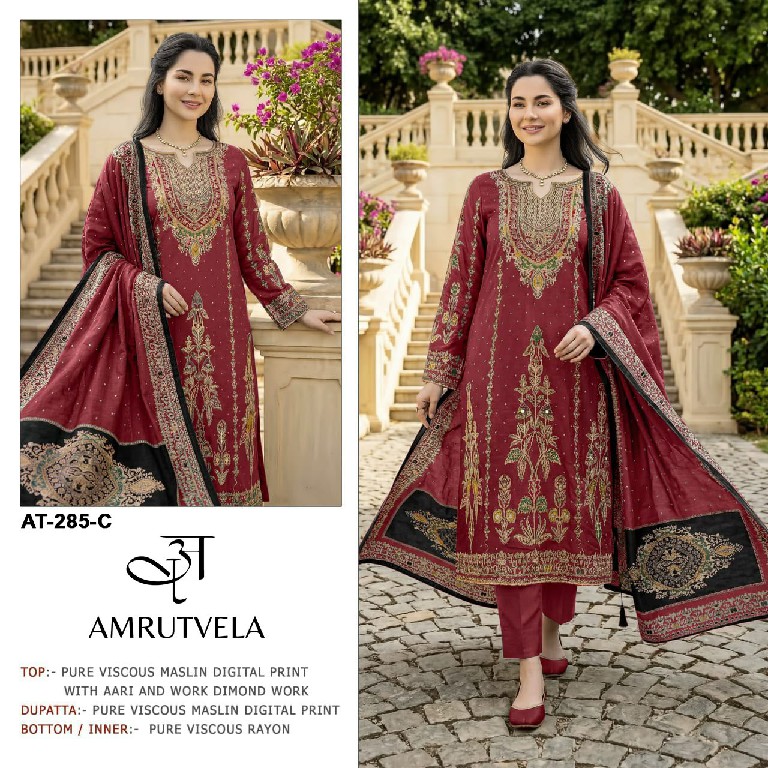 AMRUTVELA D.NO 285 WHOLESALE VISCOSE MUSLIN AMAZING HAND WORK UNSTITCH SALWAR SUITS SUPPLIER