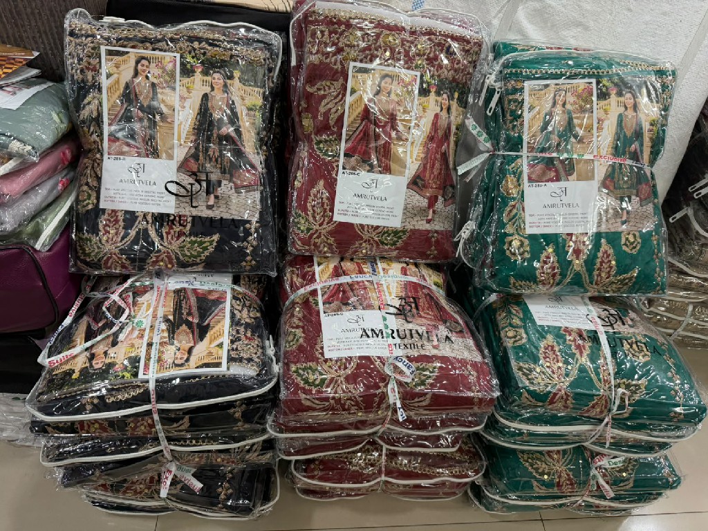 AMRUTVELA D.NO 285 WHOLESALE VISCOSE MUSLIN AMAZING HAND WORK UNSTITCH SALWAR SUITS SUPPLIER