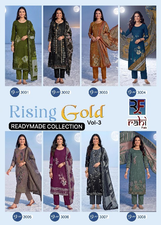 RAHI FAB RISING GOLD VOL 3 WHOLESALE READYMADE PURE COTTON BEAUTIFUL WORK 3 PCS SUITS FOR EXPORT