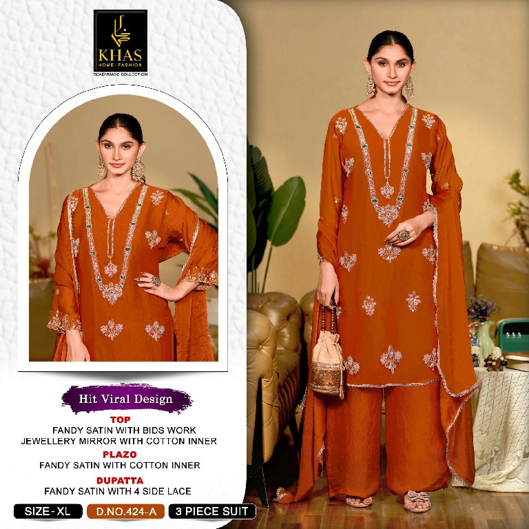 KHAS D.NO 424 WHOLESALE READYMADE FANDY SATIN WITH WORK PAKISTANI BEAUTIFUL 3 PCS SUITS EXPORTER