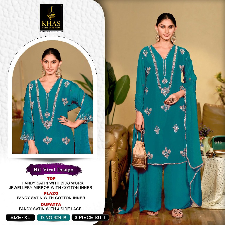 KHAS D.NO 424 WHOLESALE READYMADE FANDY SATIN WITH WORK PAKISTANI BEAUTIFUL 3 PCS SUITS EXPORTER